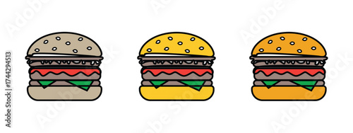 Detailed and colorful vector illustration set of three different classic burgers. Perfect for fast-food menus, food apps, restaurant branding, or website design elements.