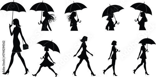 Female silhouettes holding umbrellas, walking, posing, children and adults, fashion, weather protection, rainy day concept, black figures, stylish movement, umbrella poses