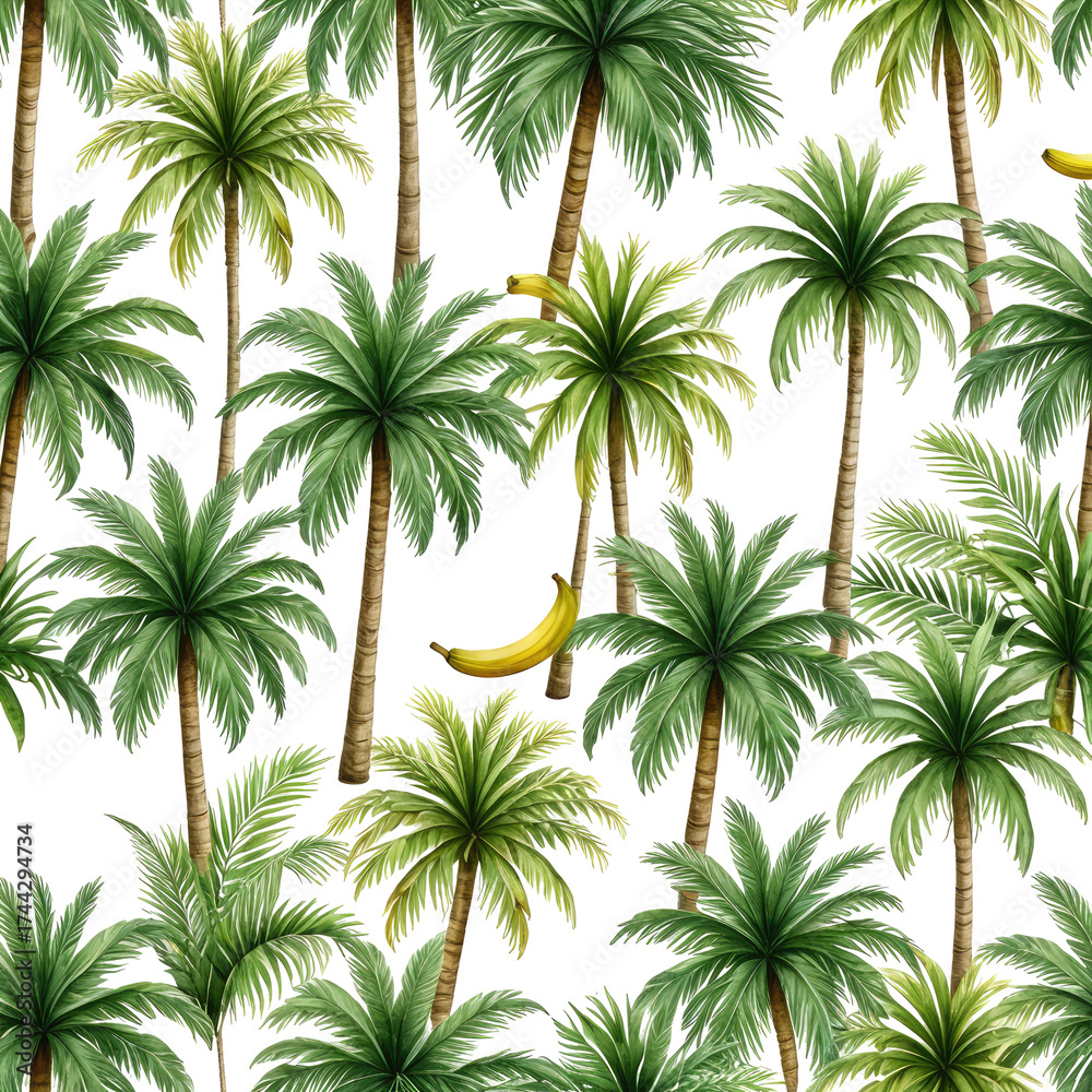 Obraz premium Lush tropical pattern with palm trees and bananas on black