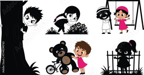 Cute cartoon kids playing and exploring outdoors with toys and trees, happy childhood activities, friendship, nature, fun learning, colorful vector illustration art