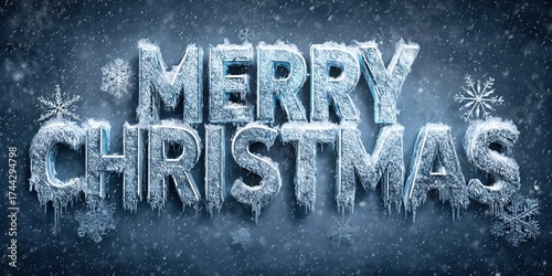 Volumetric 3D Merry Christmas inscription in ice text style with icicles, surrounded by snowfall and snowflakes on a textured blue background — a winter greeting