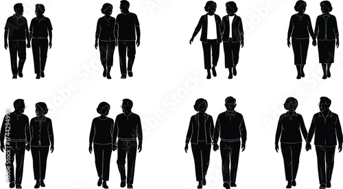 Silhouettes of walking people, diverse pairs, casual and formal attire, social interaction, unity, companionship, black figures on white background, human relationships, motion