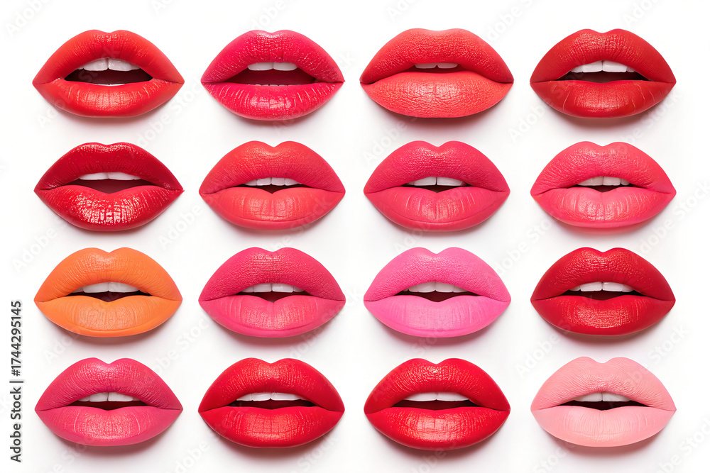 Obraz premium Variety of colorful lipsticks on lips displayed against white background for beauty concept