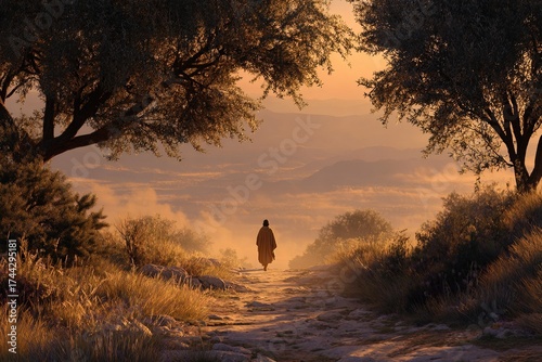 A solitary figure in simple clothing resembling Jesus walks an illuminated path surrounded by bushes and trees towards a mountainous valley shrouded in mist against an orange-golden sunrise