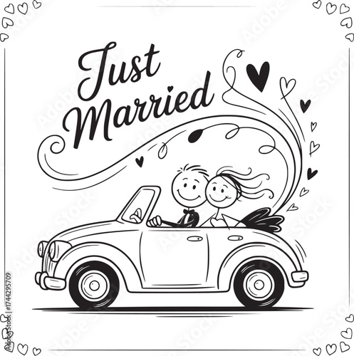Just Married Illustration: Capturing the joy and excitement of a newlywed couple as they embark on their journey together in a classic car, surrounded by heart and love. 