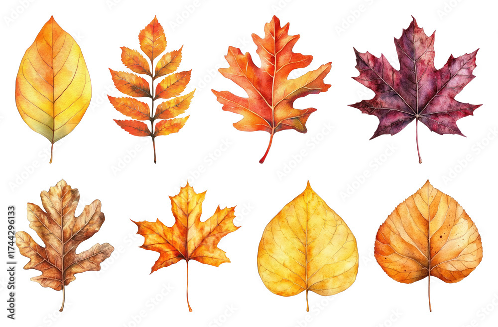 Fototapeta premium PNG Colorful autumn leaves illustration, element set on transparent background