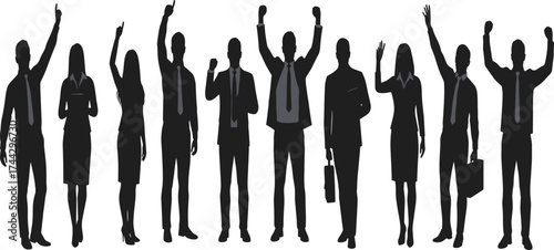 Silhouette business people celebrating teamwork success and achievement, professional office employees raising hands, unity motivation and corporate collaboration vector illustration