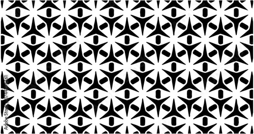 Modern geometric pattern featuring four-pointed star shapes with symmetrical black and white contrast, ideal for abstract backgrounds.