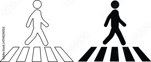 Two figures walking across a pedestrian crossing in contrasting silhouette styles
