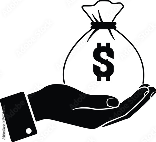 Hand holding a money bag with a dollar sign in a simple black and white silhouette