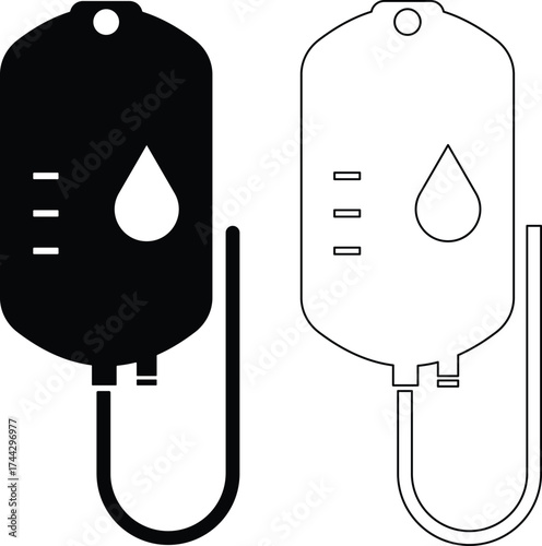 Two blood bag icons in silhouette style one black and one white outline