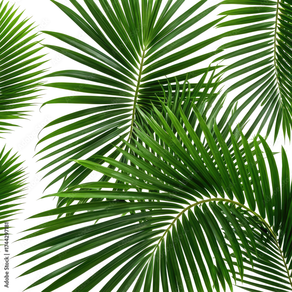 Fototapeta premium Lush green palm leaves overlapping on a dark background
