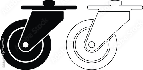 Two caster wheels one solid black silhouette and one outline silhouette