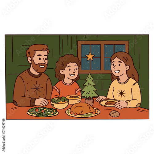 Warm cozy Christmas scene — a hand-drawn doodle illustration of a family enjoying festive dinner together. Glowing candles, delicious food, and joyful holiday atmosphere.
