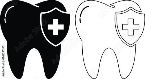 Two teeth with protective shields and crosses symbolizing dental health and care silhouette