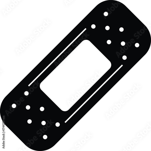 A simple black silhouette of a bandage with a white center for medical aid