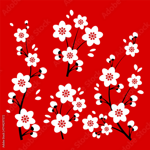 Set of cherry blossom branches and vine tree flowers on traditional red background