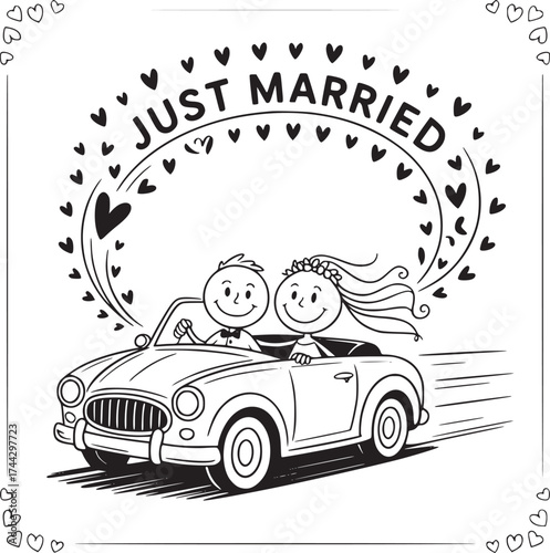 Newlywed Drive: A joyful sketch of a newly married couple, happily driving away in a classic car, symbolizes love, fresh start, and unity, beautifully framed with 'Just Married'.