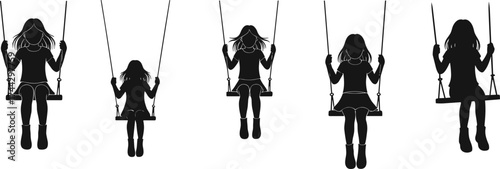 Silhouette of people sitting on swings, childhood nostalgia, outdoor leisure, minimalist design, generational bonding, emotional calm, family moment, peaceful activity, timeless connection