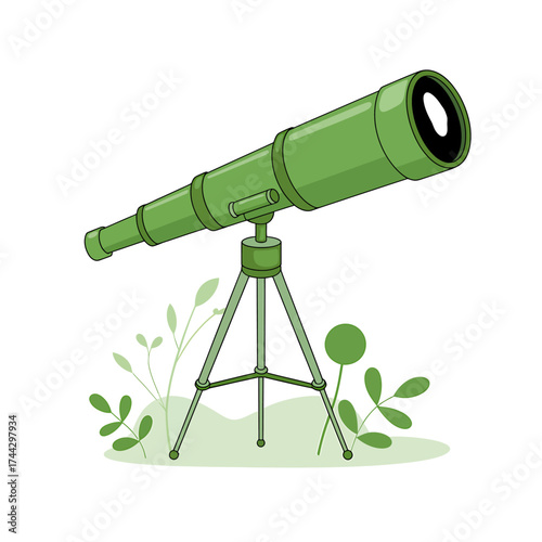 Green Telescope Illustration on Tripod Surrounded by Greenery for Space Exploration and Scientific Discovery