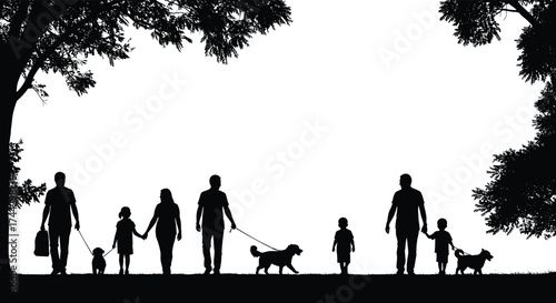 Silhouette families walking together with children and dogs under trees in park, outdoor lifestyle, parenting, leisure, and bonding vector illustration
