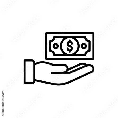 Hand Offering Money Dollar Bill Outline Icon Concept for Business Finance Investments and Charitable Giving