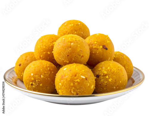 Delicious Besan Laddu on a Plate, Isolated on Transparent Background, Traditional Indian Sweet for Festive Celebrations