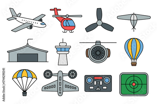 Collection of Transportation and Aviation Icons Including Airplane Helicopter Propeller and More for Graphic Design and Educational Purposes