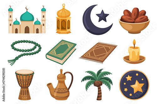 Ramadan Kareem illustrations with mosque lantern dates beads and drum for Islamic cultural celebration and religious holiday season vector elements set