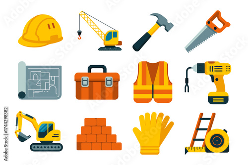 Construction Tools and Equipment Vector Icons for Building Projects and Infrastructure Development Projects with Safety Gear and Heavy Machinery