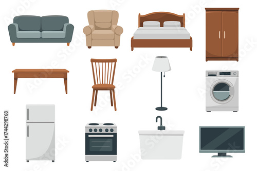 Selection of Furniture Vector Illustrations Including Sofa Armchair Bed and Kitchen Appliances for Interior Design Projects