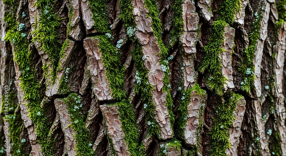 Obraz premium Detailed Close-Up of Textured Tree Bark with Green Moss.