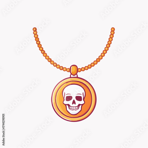 A golden necklace with a circular pendant featuring a skull design, isolated on white.