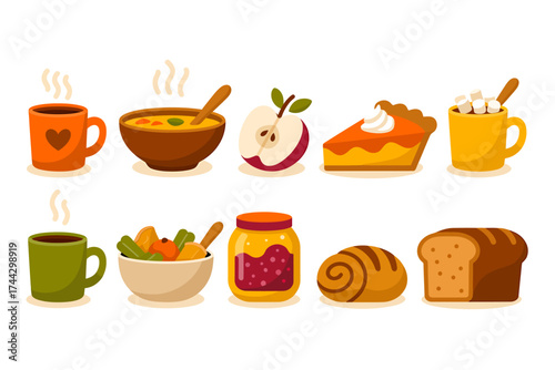 Festive Fall Harvest Celebration featuring Soup Apple Pie Bread Hot Drinks and Fruit Illustration