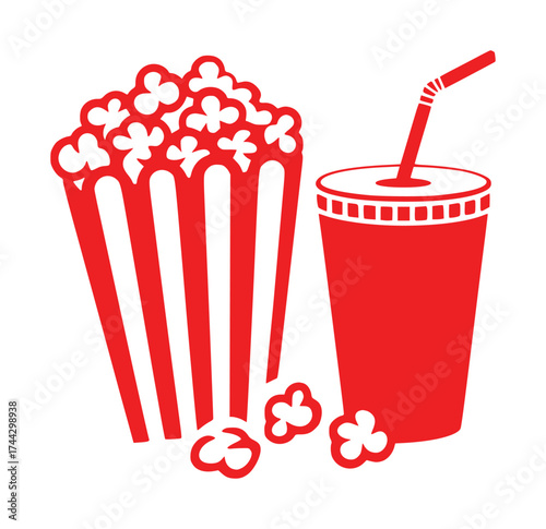 Red Popcorn and Soda Icon for Movie Night or Snacks