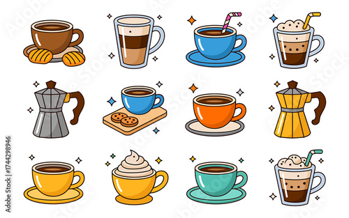 Variety of Delicious Coffee Drinks Illustration Featuring Espresso Machines and Colorful Coffee Cups with Straws and Sweet Treats on a White Background