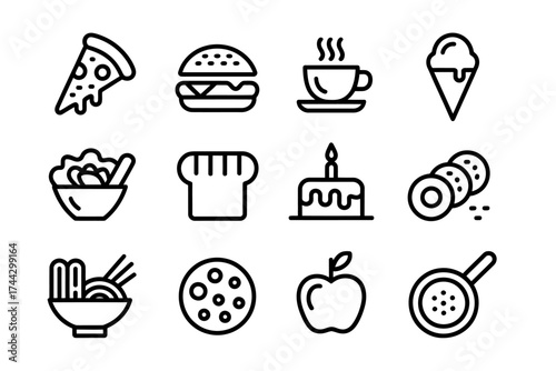 Simple Line Art Icons of Food and Drink Variety Including Pizza Burger Coffee and Dessert Collection