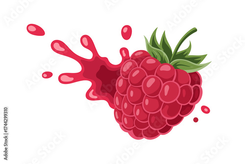 Vibrant Raspberry Illustration with Juice Splash on White Background Fresh and Delicious Fruit Concept for Design Projects