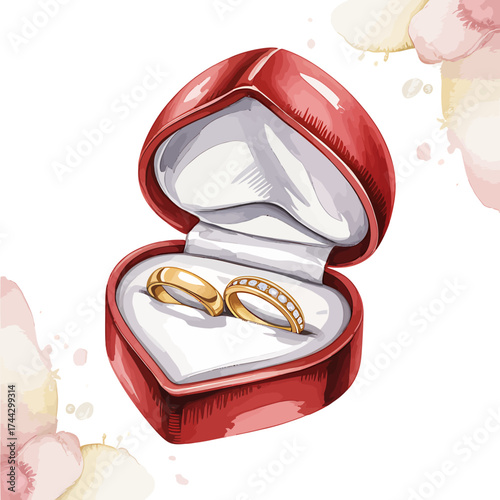 Wedding rings in heart shaped box watercolor illustration love and marriage celebration with elegant design for invitations and greetings