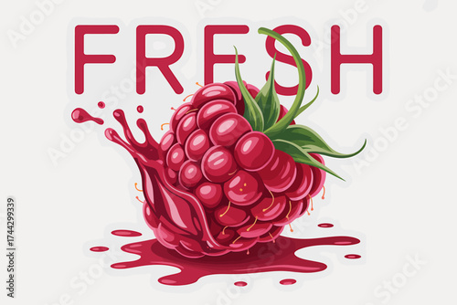 Vibrant Raspberry Illustration with Splashing Juice and the Word Fresh Creating a Visually Appealing and Delicious Image