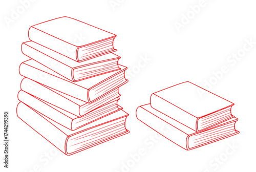 Stacked Books and Two Books on White Background - Red Outline Illustration