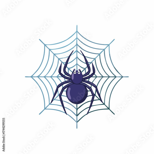 Cartoon illustration of a purple spider sitting in the center of a blue spiderweb against a white background.