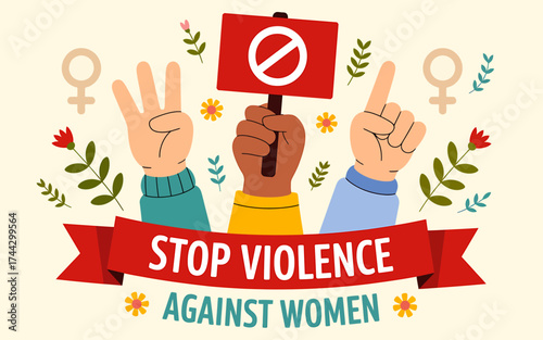 International Day for the Elimination of Violence Against Women Illustration Featuring Hands and Stop Sign Promoting Awareness and Solidarity