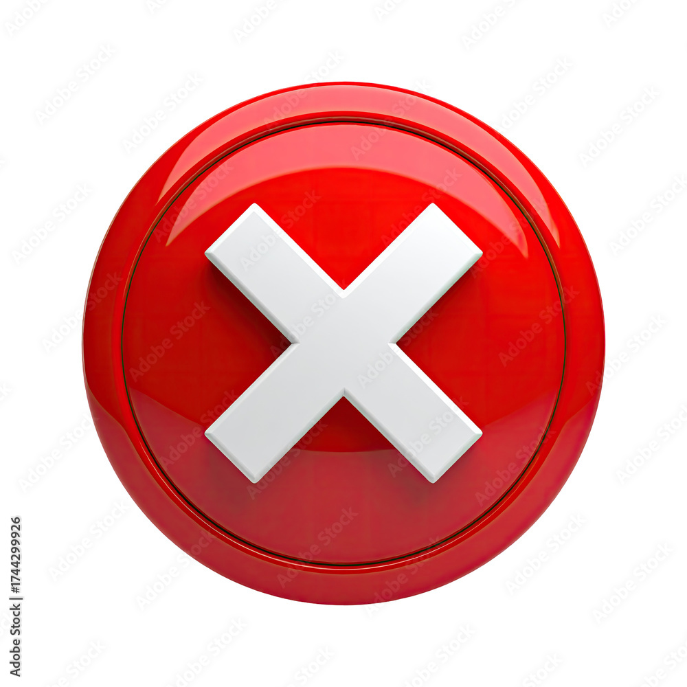 Obraz premium A glossy red button with a white 'X' symbol, floating against a black background