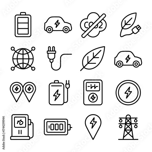 Collection of EcoFriendly Energy Icons Representing Sustainable Solutions and Green Transportation for a Cleaner Future Promoting Renewable Resources
