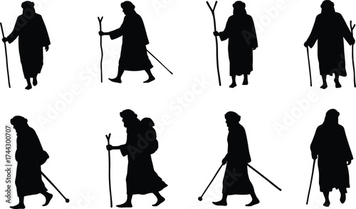 Elderly travelers silhouette, walking with staff, traditional robe, pilgrim journey, cultural heritage, isolated white background, spiritual path, senior mobility, vector illustration