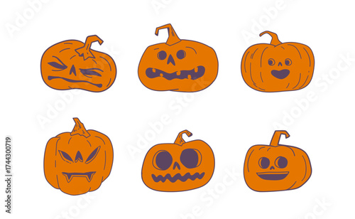 Halloween pumpkins with funny and spooky carved faces, hand drawn vector illustration
