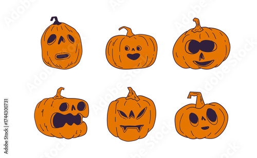 Halloween pumpkins with funny and spooky carved faces, hand drawn vector illustration
