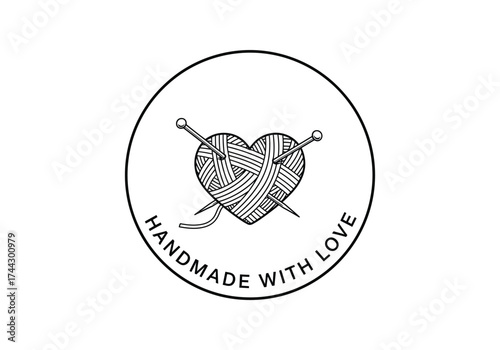 Handmade with love heart and knitting needles circular emblem stamp design vector