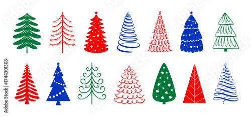 Christmas tree. Simple fir tree silhouette, festive winter holiday decoration for Xmas greeting card. Green, blue and red hand drawn doodle pine. Vector isolated set